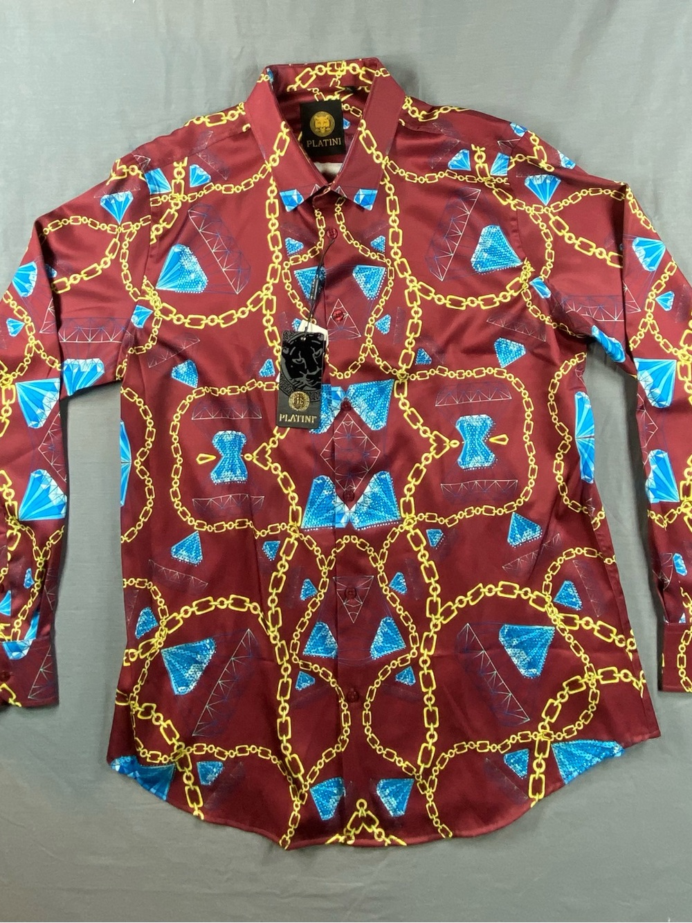 Platini Men's Maroon Chain & Blue Gem Print Shirt with rhinestone accents XL